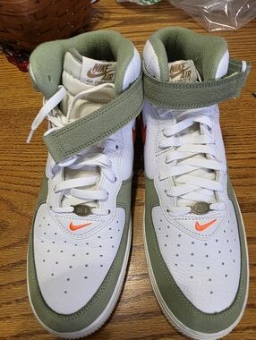 Nike Air Force 1 Mid, Size 11 High Top Sneakers in White, Olive & Orange
